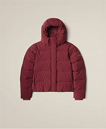 A maroon puffer jacket.