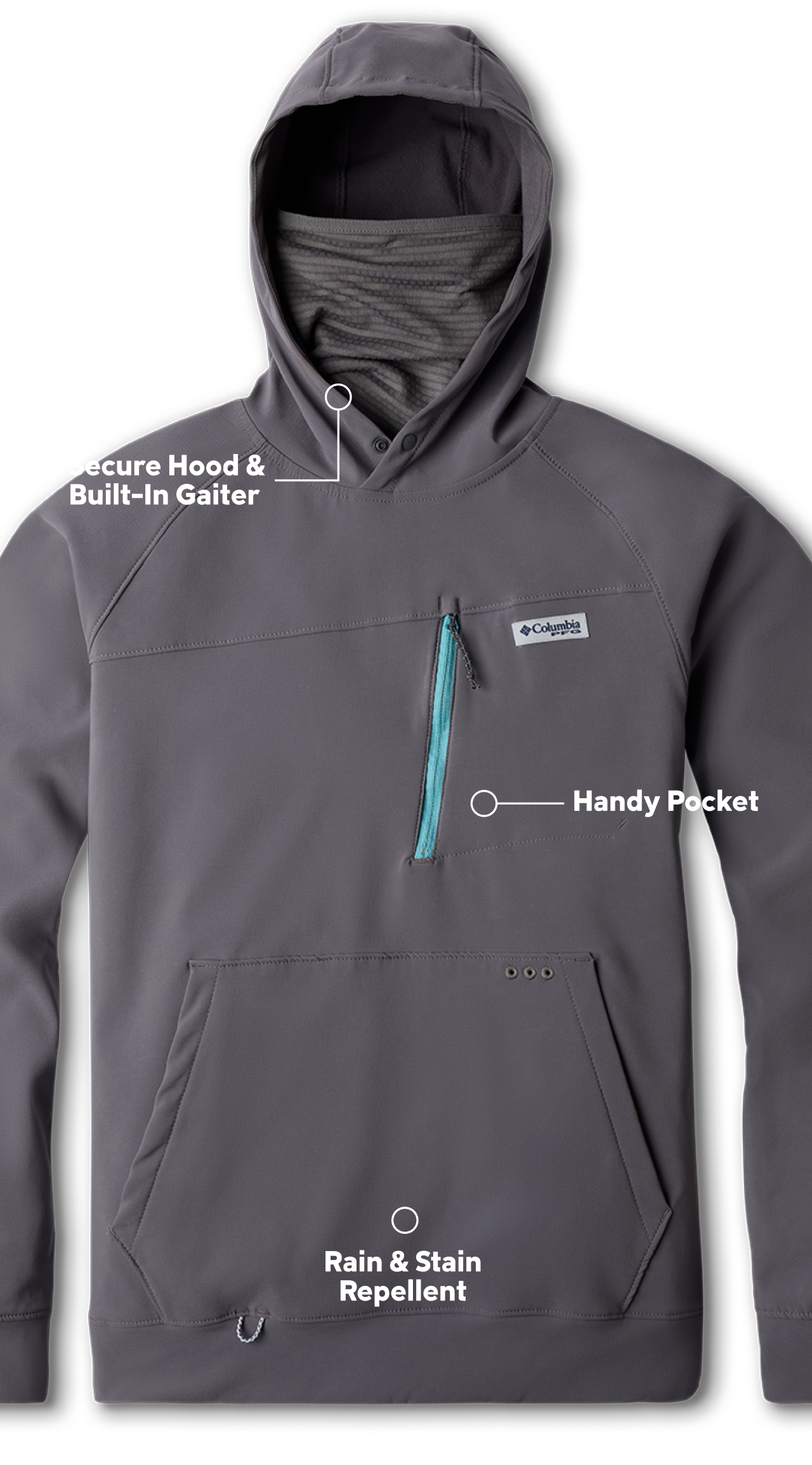 Closeup of a Hydroforce hoodie. Secure hood and gaiter. Handy chest pocket. Rain and stain repellent. 