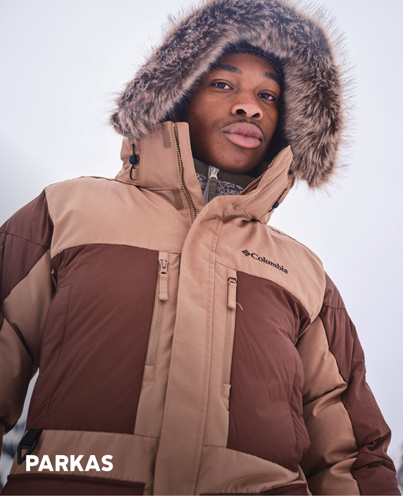 A man wearing a brown parka with fur on the hood.