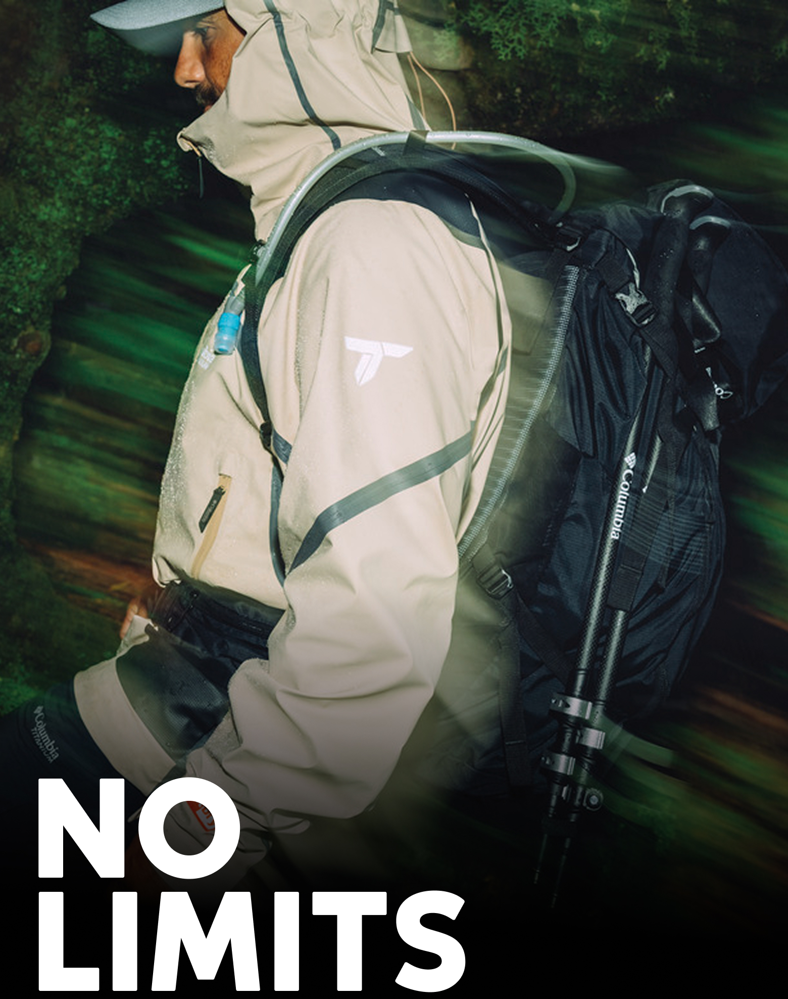 No Limits over an image of a man hiking in the rain wearing a waterproof jacket.