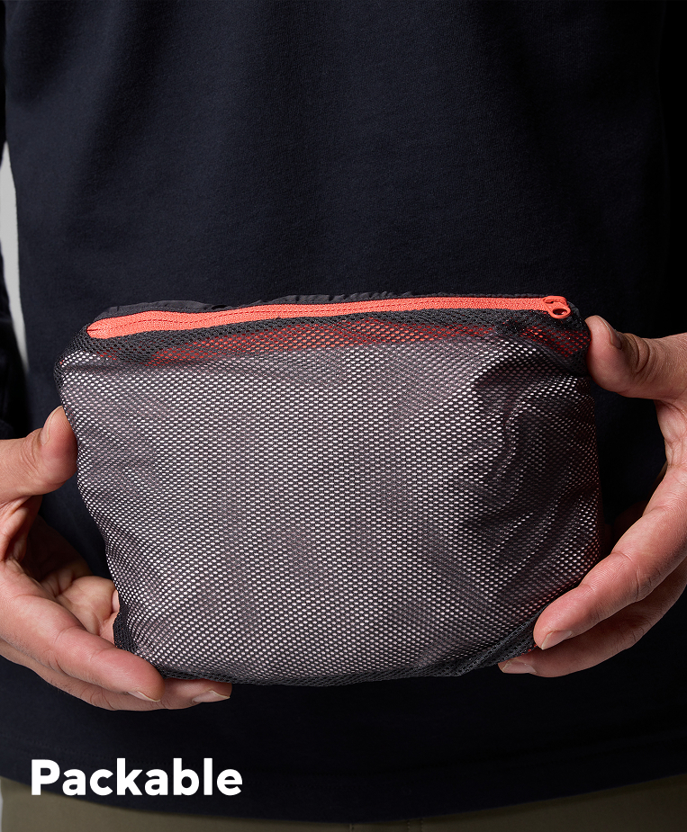 An image of the jacket being packed into it's pocket.