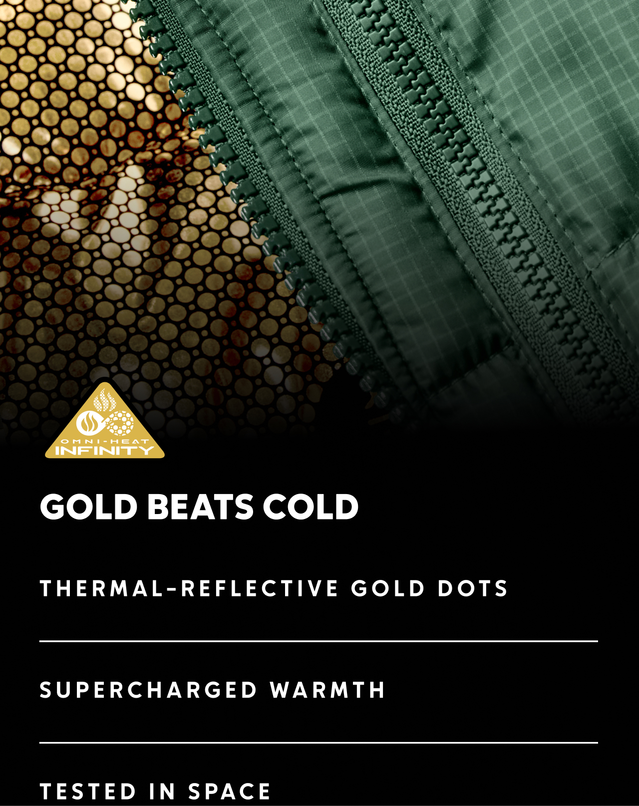 Close-up of the gold dots of a jacket's interior, showcasing our Omni-Heat Infinity. 