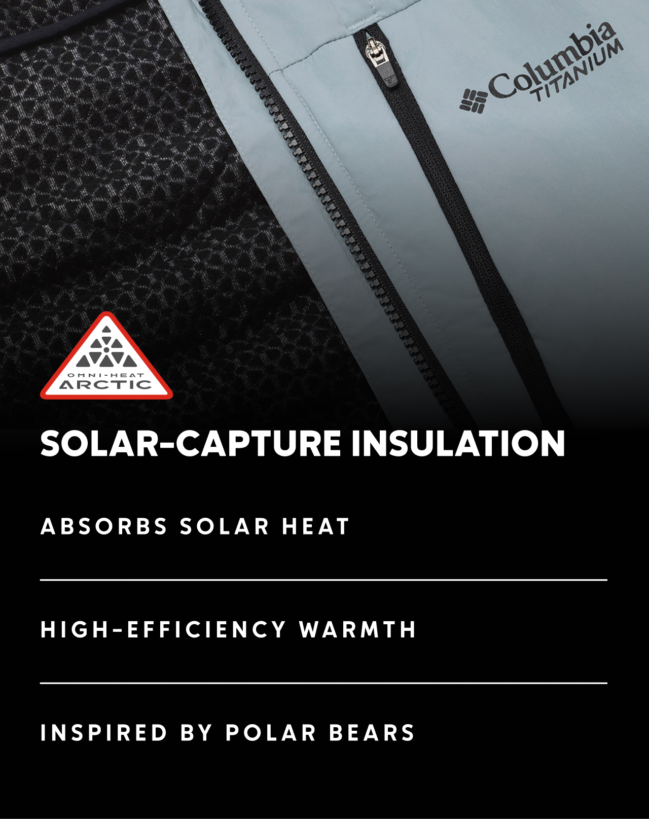 Close-up of the black patterned interior of a Omni-Heat Arctic jacket, showcasing the tech.