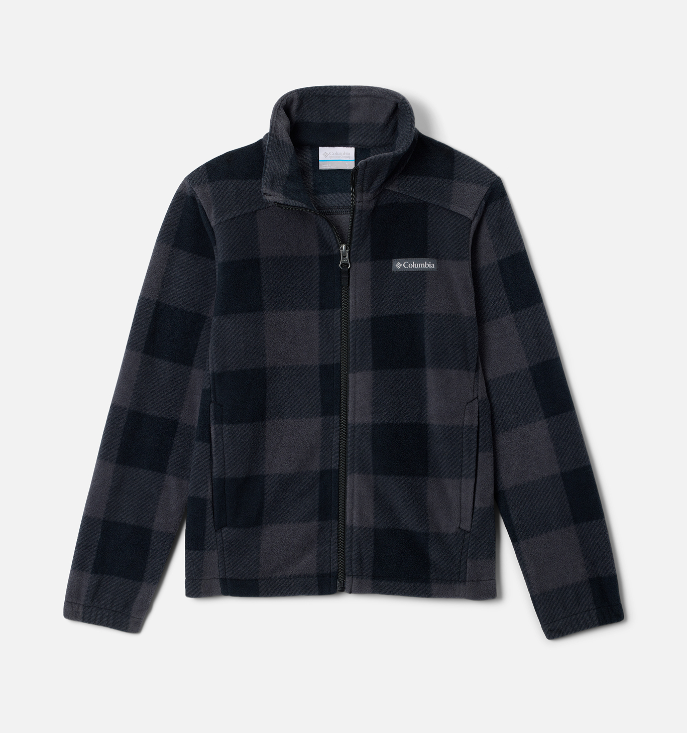 Flatlay of a boy's grey and black fleece zip-up.