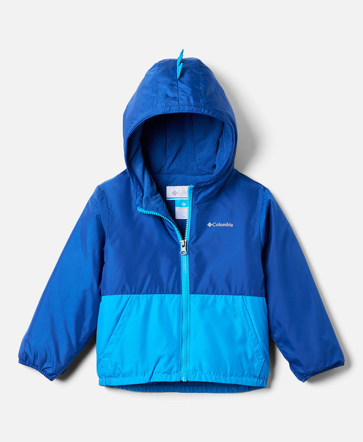 Flatlay of a kid's blue jacket.
