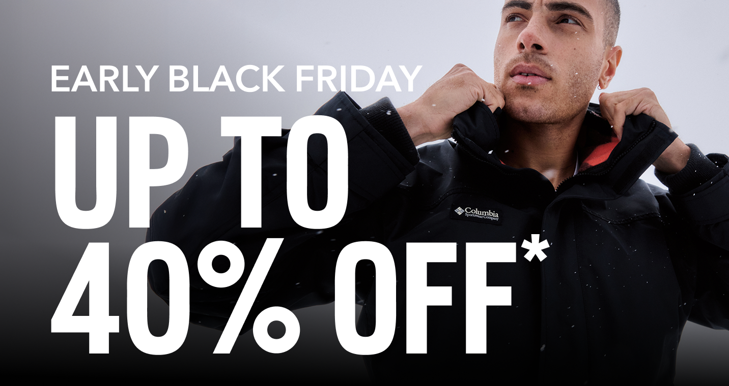 A man putting up his warm winter jacket in the snow. Text says Early Black Friday Up To 40% Off*