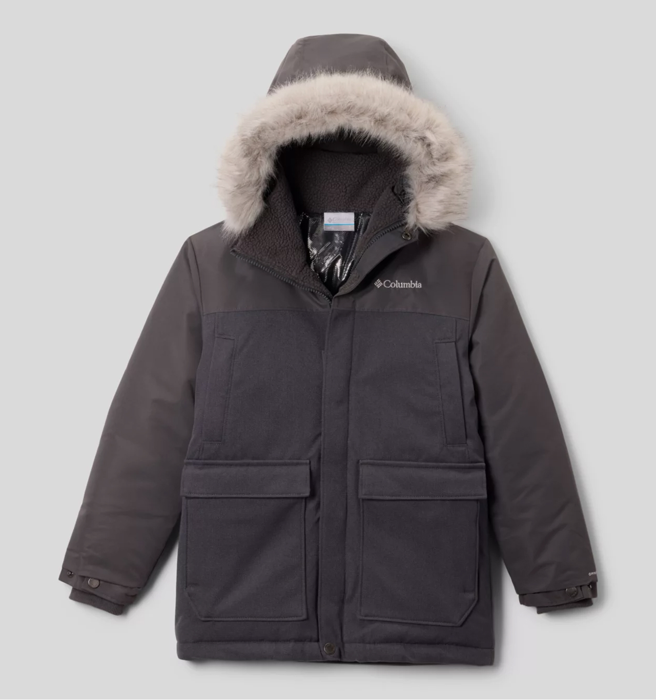 Flatlay of a boy's grey parka with fur on the hood.