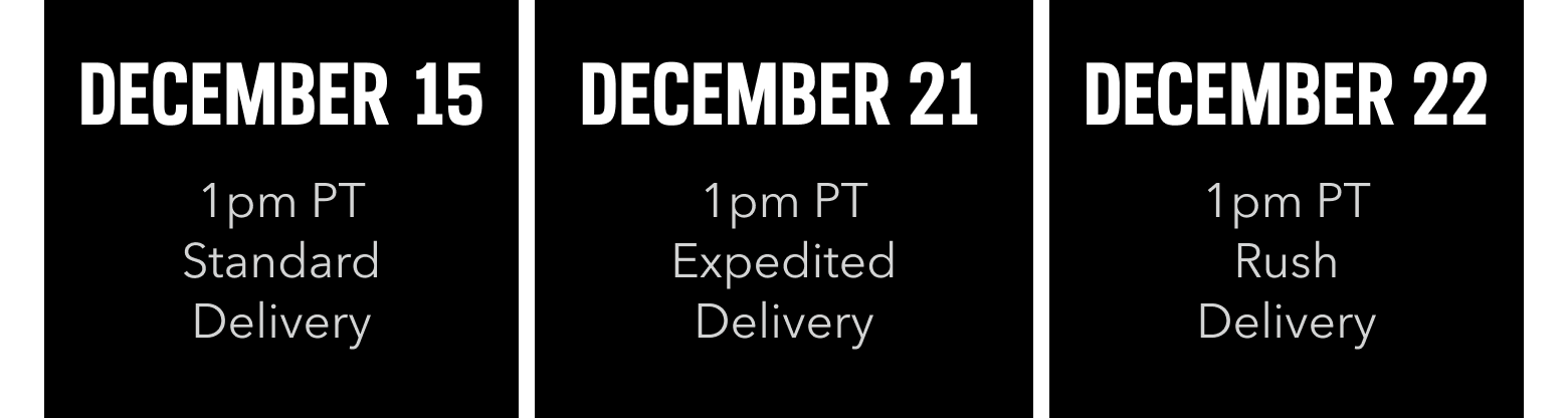 December 21, one PM Pacific Time with Expedited Delivery December 22, one PM Pacific Time with Rush Delivery