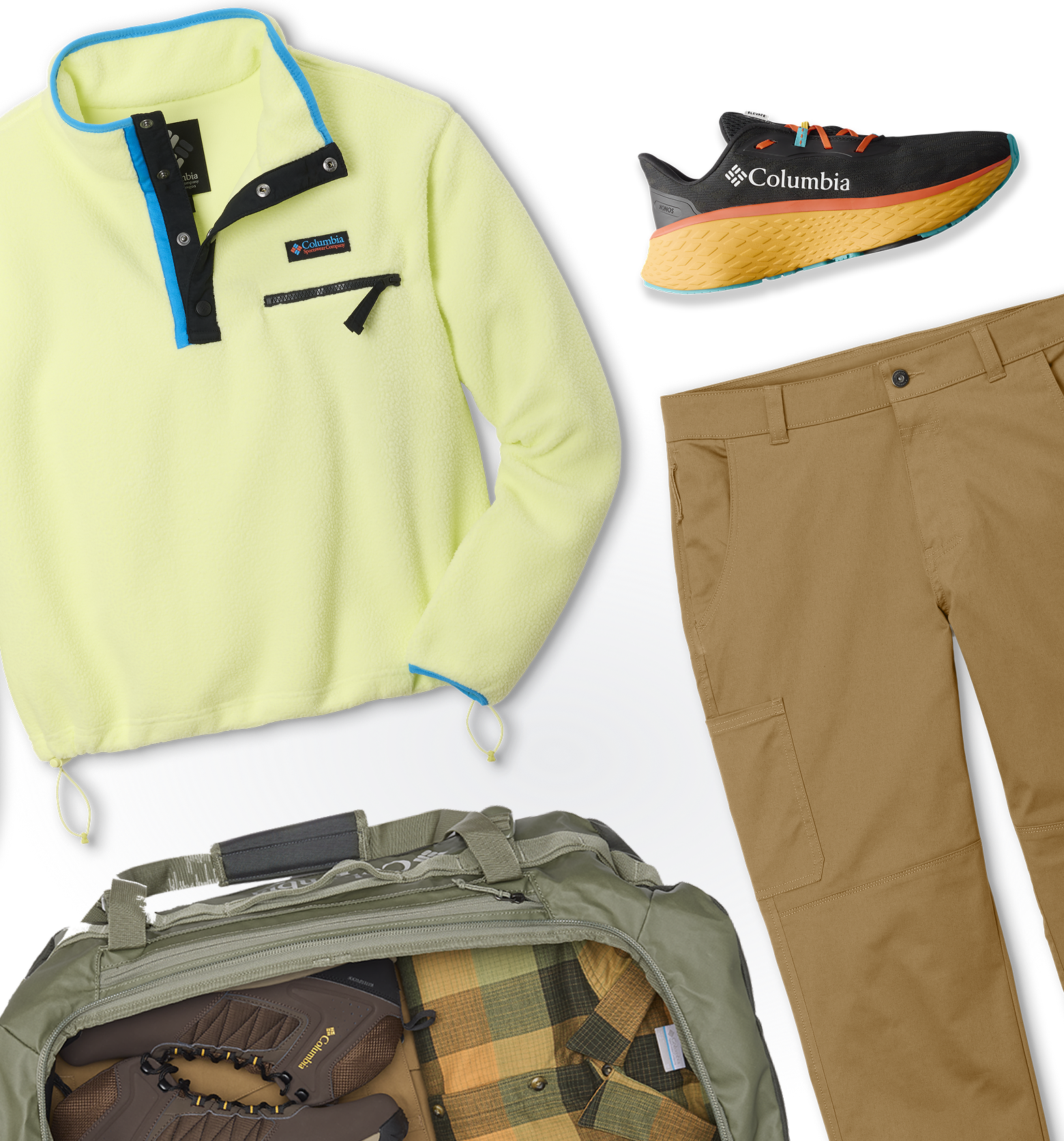 A lay down image of a fleece, sneaker, backpack, and pants.