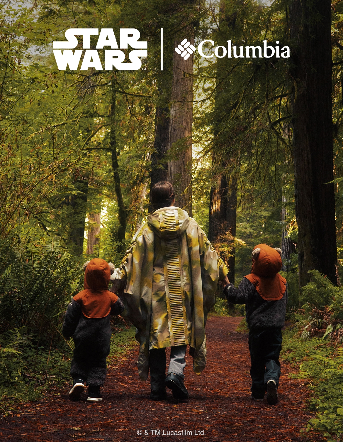 Woman and kids wearing Endor Collection gear while walking through a forest. Star Wars and Columbia logos.