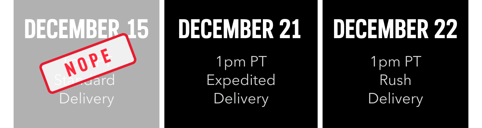 December 21, one PM Pacific Time with Expedited Delivery December 22, one PM Pacific Time with Rush Delivery