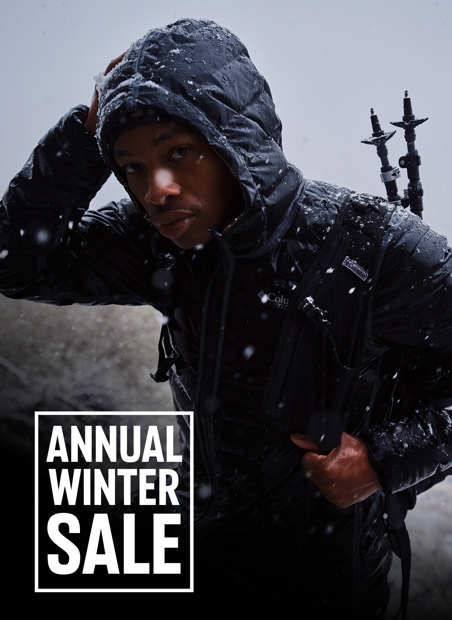 A man in the snow with text overlay 