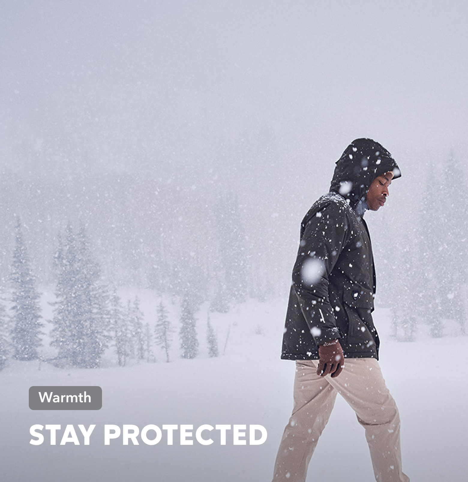 A man in the snow with text overlay 