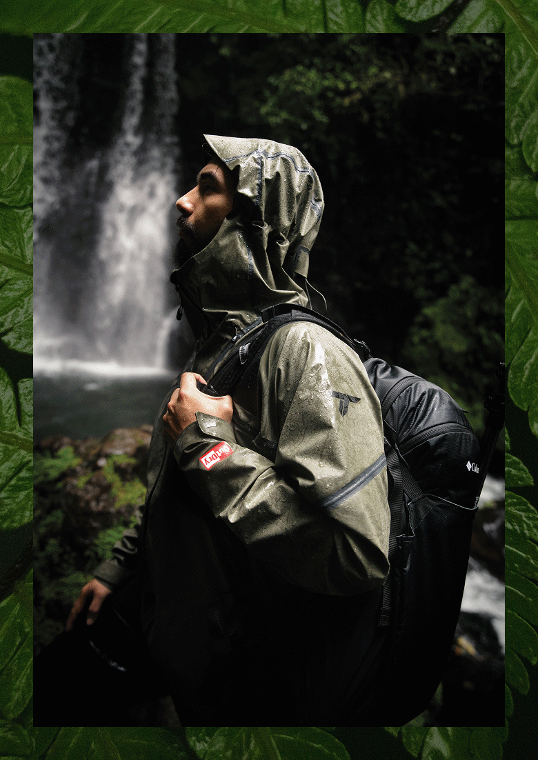 An animation of hikers in rain gear