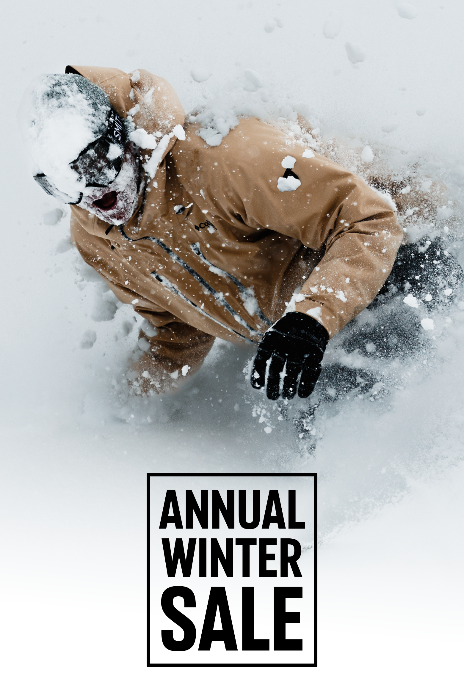 A snowboarder bursting through the snow with text: 