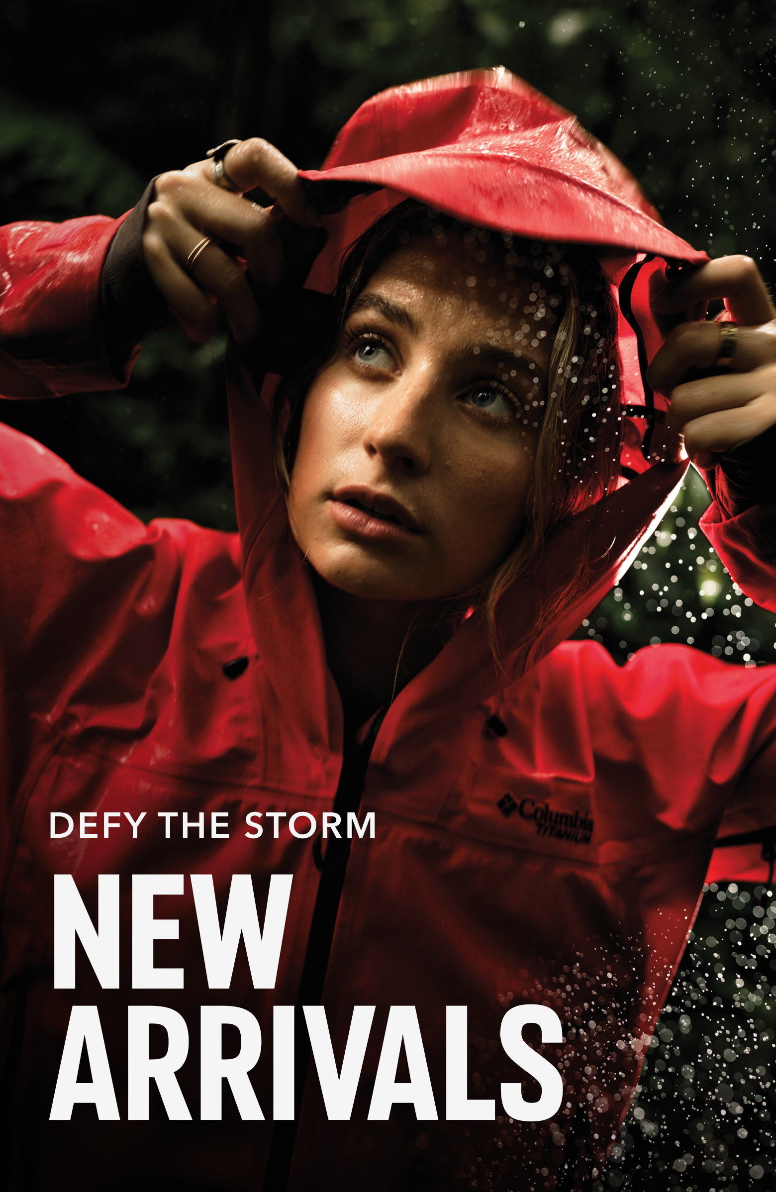 A woman in a red rain jacket with text overlay 