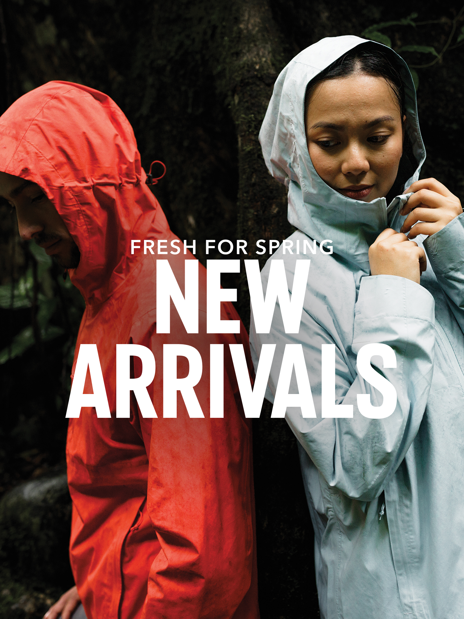A couple in Columbia rain jackets with headline FRESH FOR SPRING: NEW ARRIVALS.