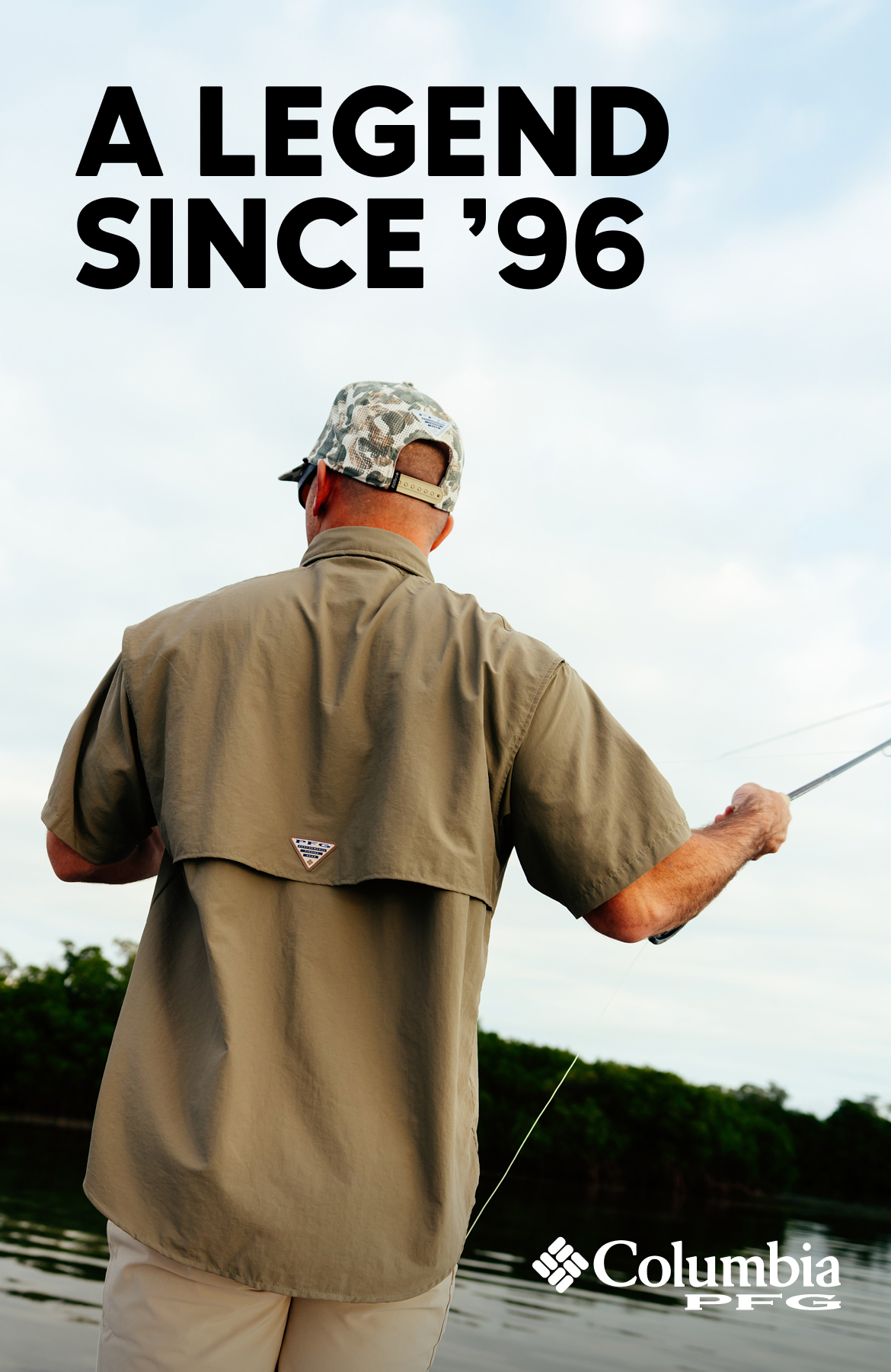 A legend since 96. A man fishing in a Bahama shirt. 