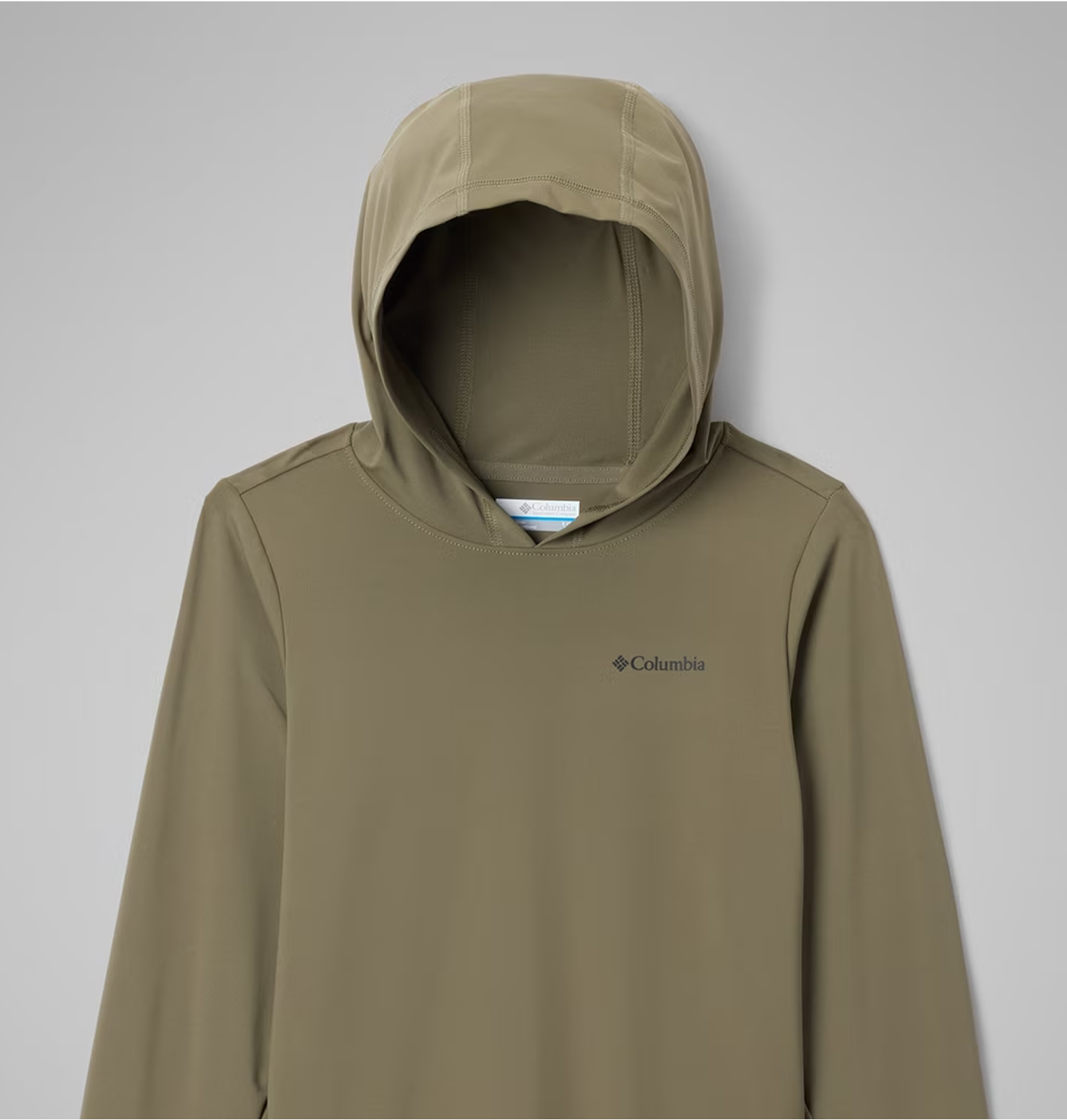Flatlay of a kids' dark green hoodie.