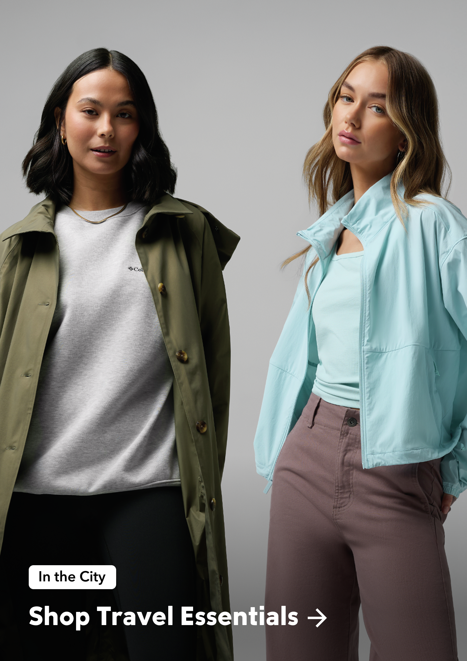 Two women wearing essential everyday Columbia gear. 