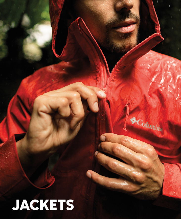 Close-up of a man zipping up his red rain jacket with text: JACKETS