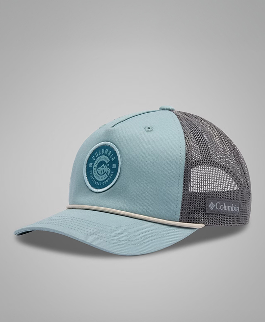 A blue and grey ball cap with a Columbia patch on the front.