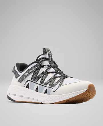 A white sneaker with black accents.