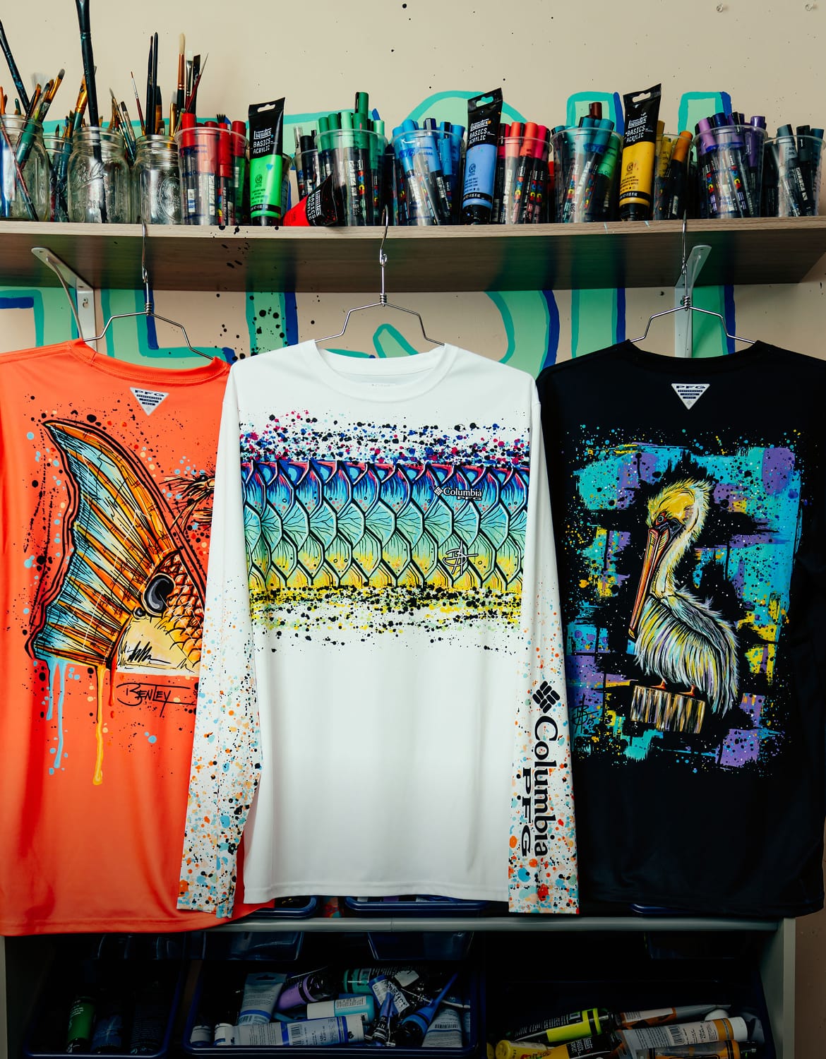 Close up of PFG shirts with Bentley artwork.