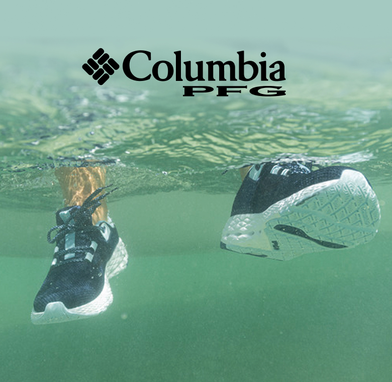 Close-up of someone's sneakers underwater with the Columbia PFG logo at the top of the image.