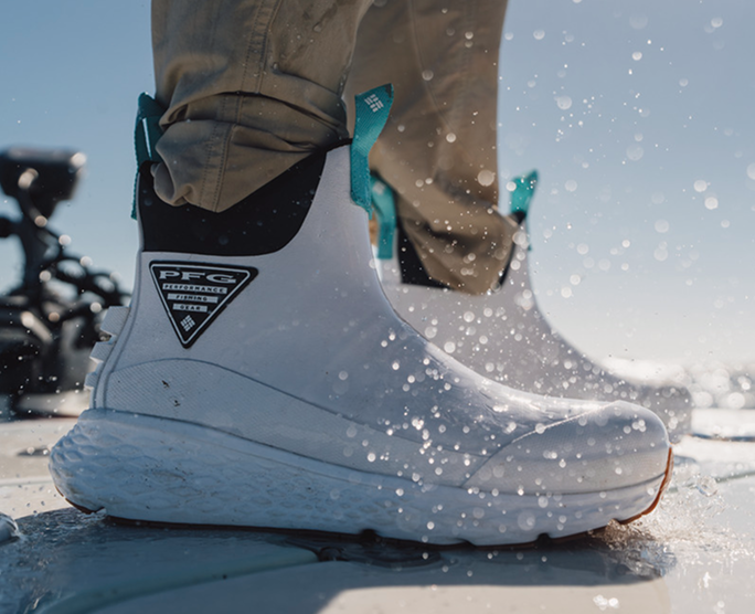 A close-up of a waterproof boot on a deck