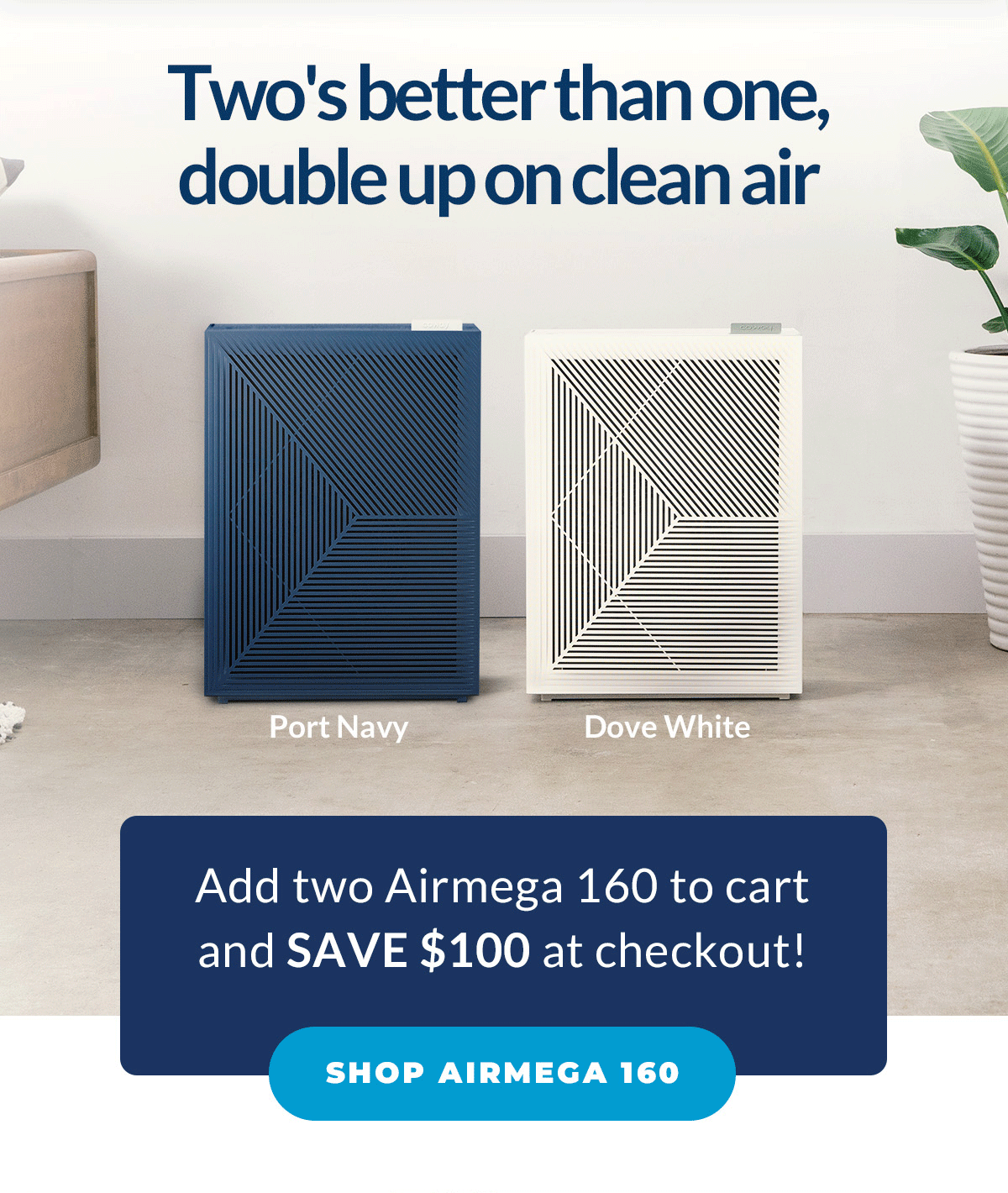 Two's better that one, double up on clean air | Add two Airmega 160 to cart and SAVE $100 at checkout!
