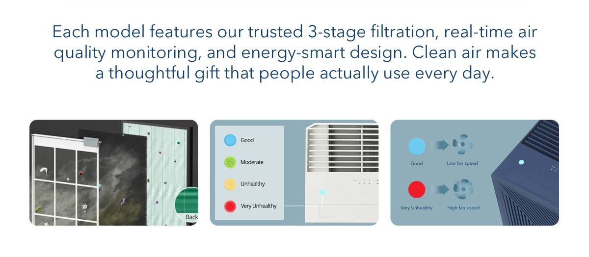 Each model features our trusted 3-stage filtration, real-time air quality monitoring, and energy-smart design. Clean air makes a thoughtful gift that people actually use everyday.