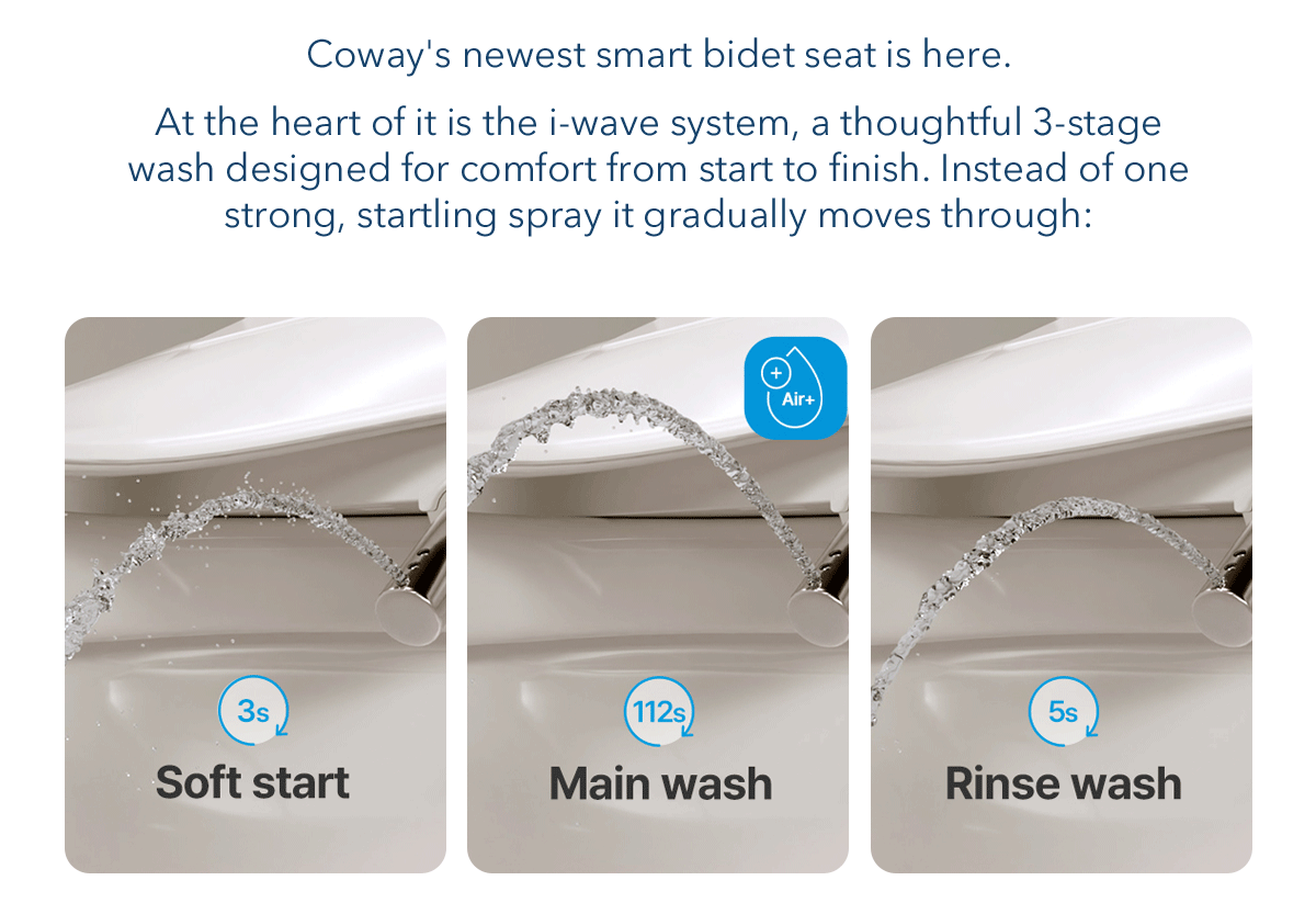 Coway's newest smart bidet seat is here. 3s - Soft start 112s - Main wash 5s - Rinse wash