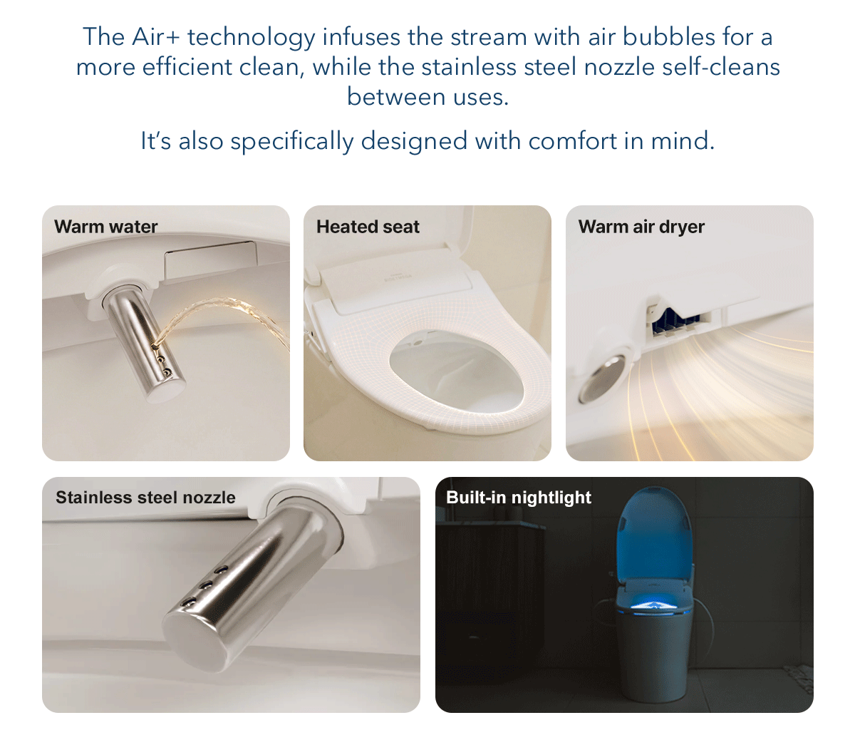 The Air+ technology infuses the stream with air bubbles for a more efficient clean, while the stainless steel nozzle self-cleans between uses. 