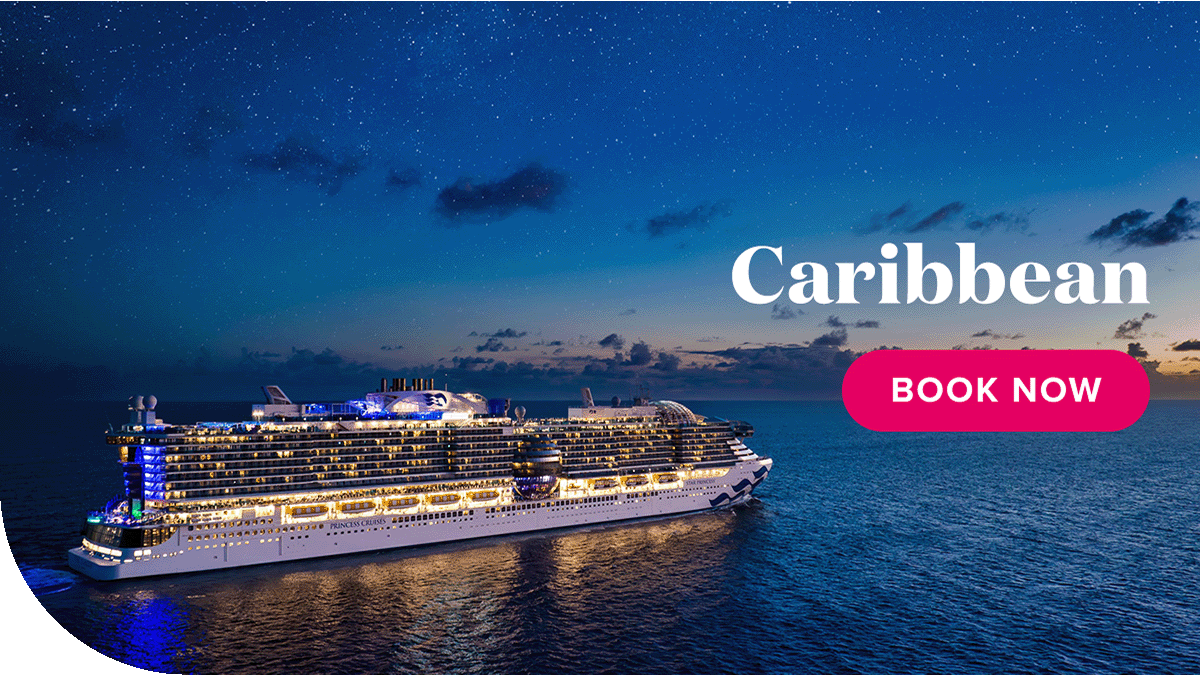 Star Princess sails through blue Caribbean waters at sunset. Book Now
