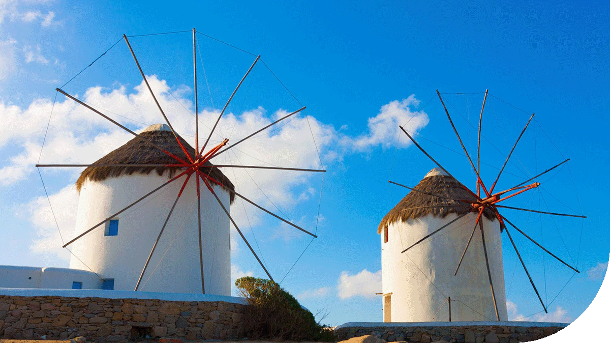 Windmills in Mykonos, Greece.