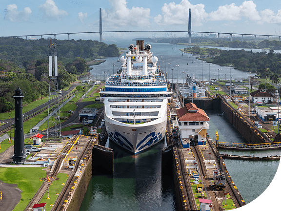 Princess cruise ship passing through Panama Canal locke.