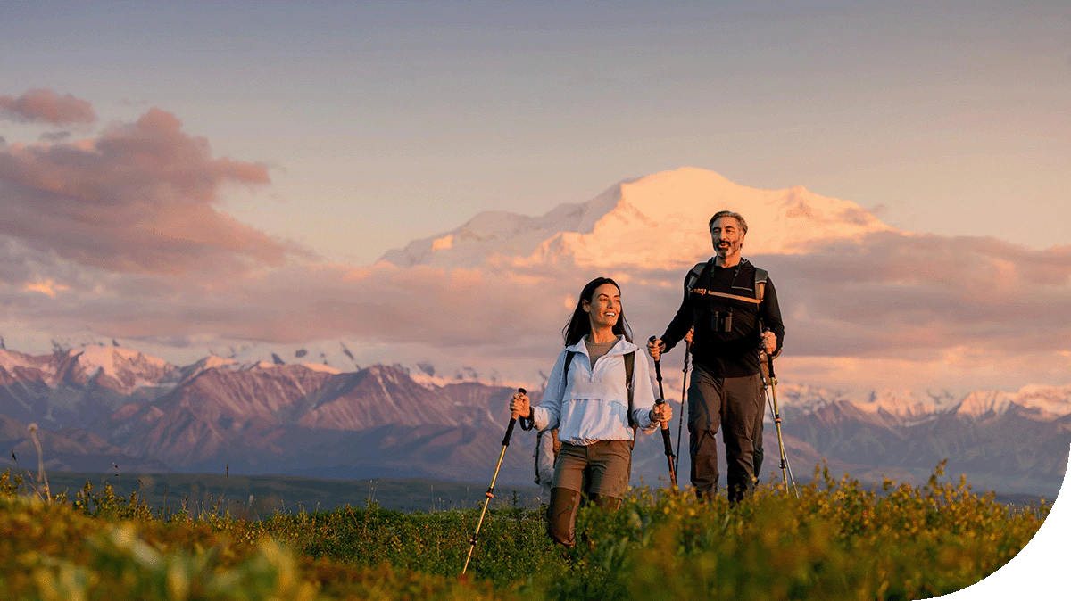 Two travellers hiking Denali National Park, Alaska.