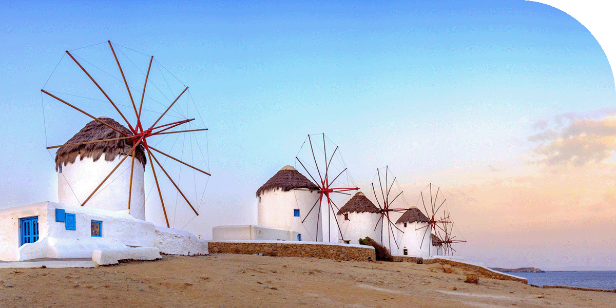 Windmills in Mykonos, Greece.