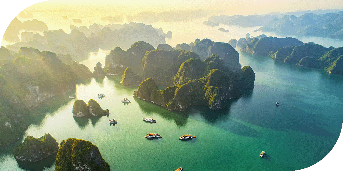 Overhead view of boats floating in Halong Bay, Vietnam.