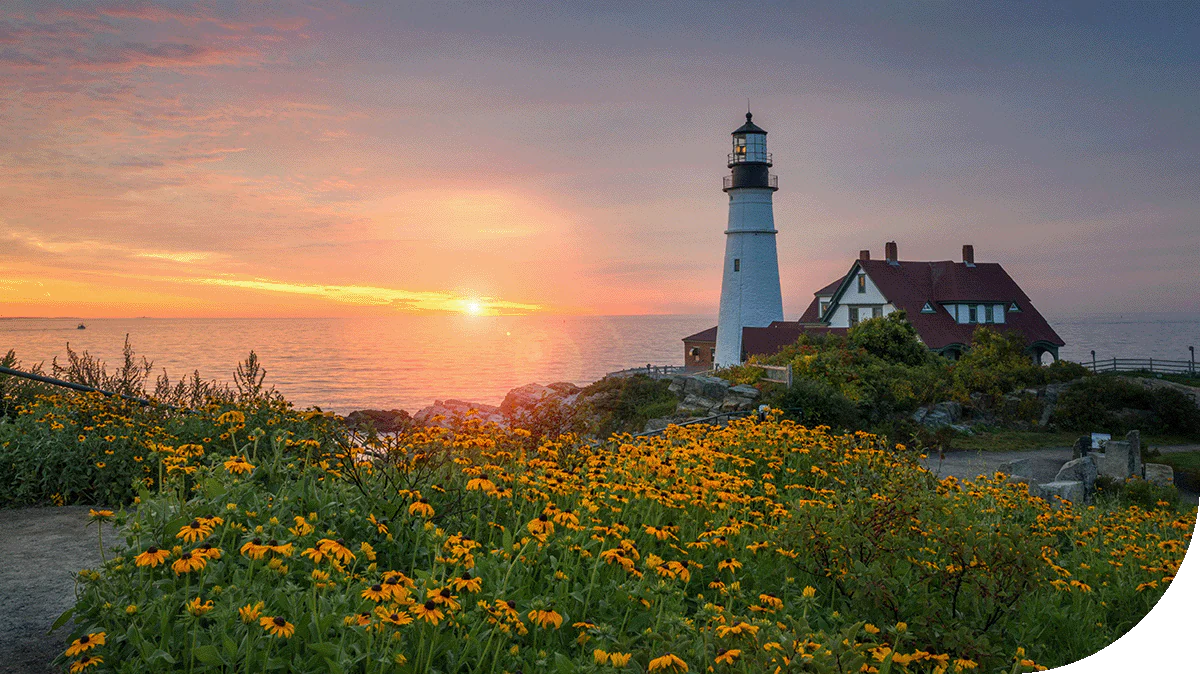 A classic lighthouse at sunset surrounded by a filed of flowers in a Cape Elizabeth, Maine.