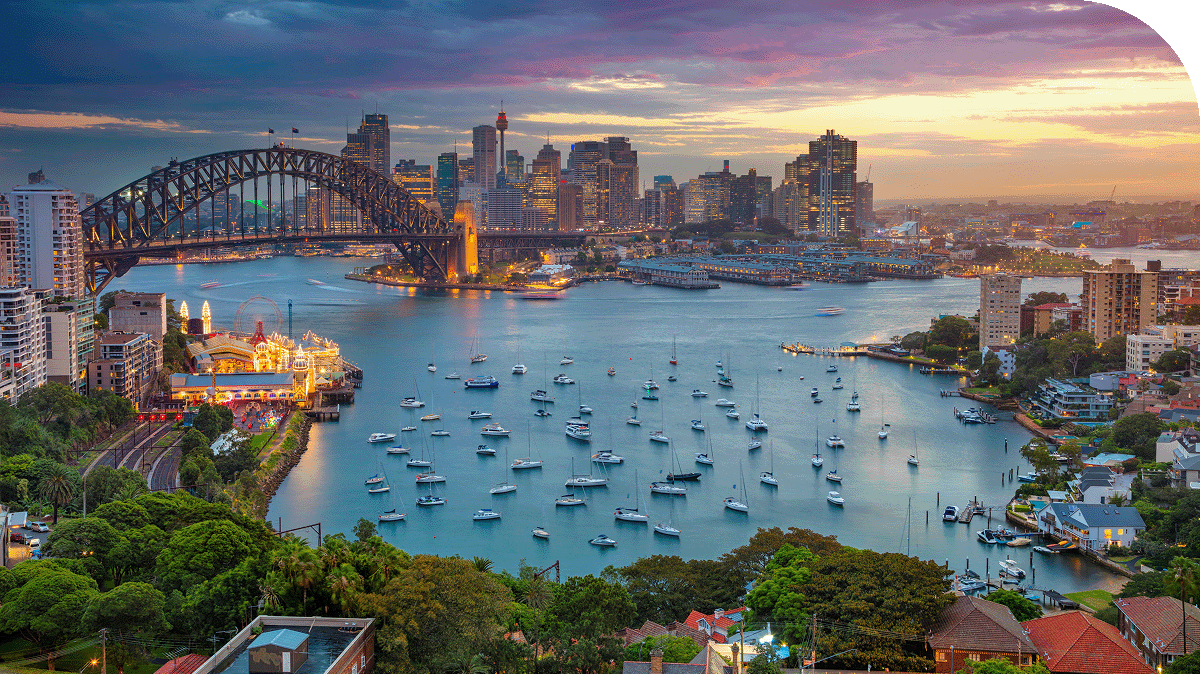 Overhead view of Sydney, Australia at sunset.