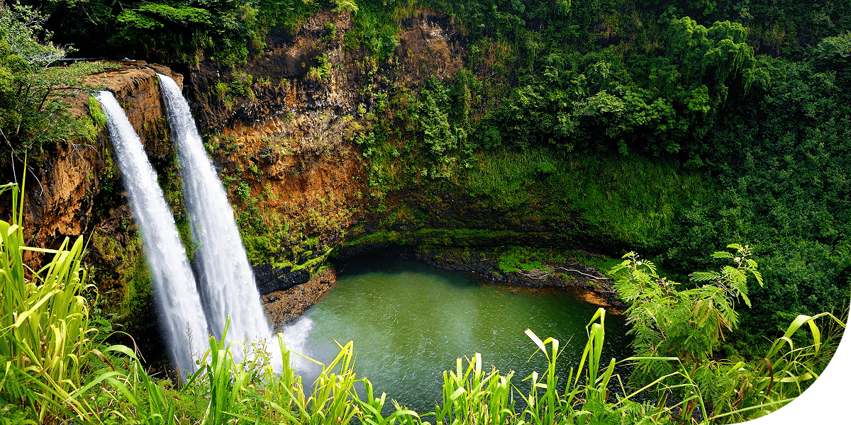 Beautiful twin waterfalls. Kauai, Hawaii.