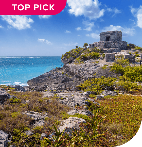 Ancient ruins along shore of Tulum, Mexico.