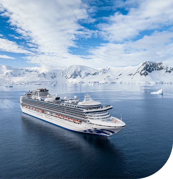 Arial view of Princess cruise ship in Charlotte Bay, Antarctica.