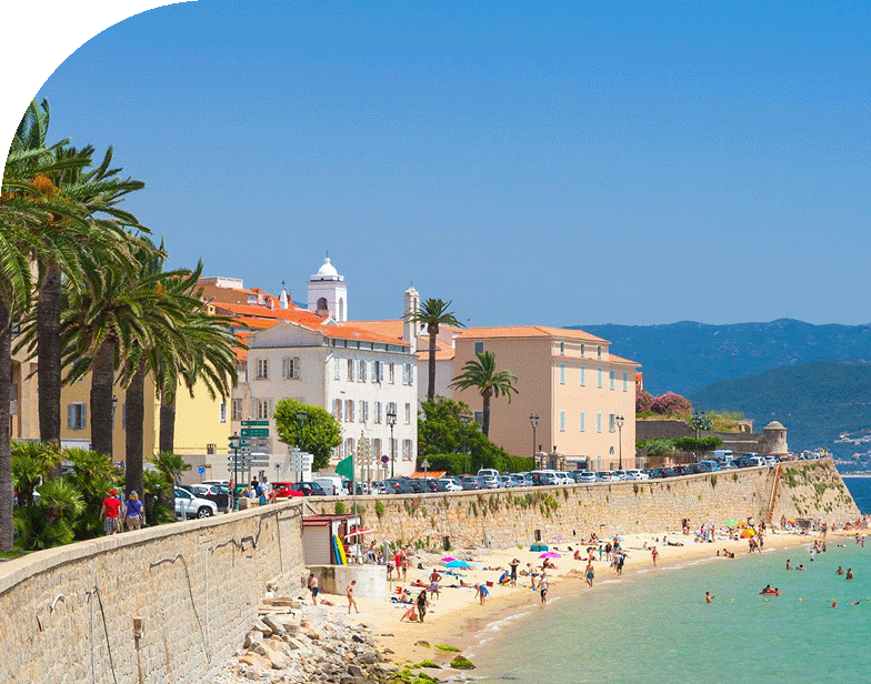 A sunny beachside day in Ajaccio, France.