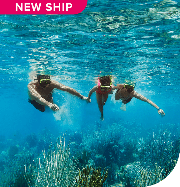 New ship. Family of three snorkeling in Grand Cayman, Cayman Islands.