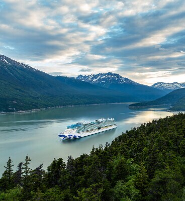 Aerial view of Princess cruise ship in Alaska sound.
