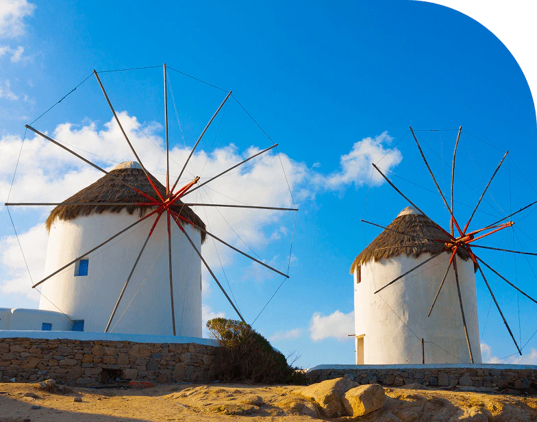 Two windmills in Mykonos, Greece.