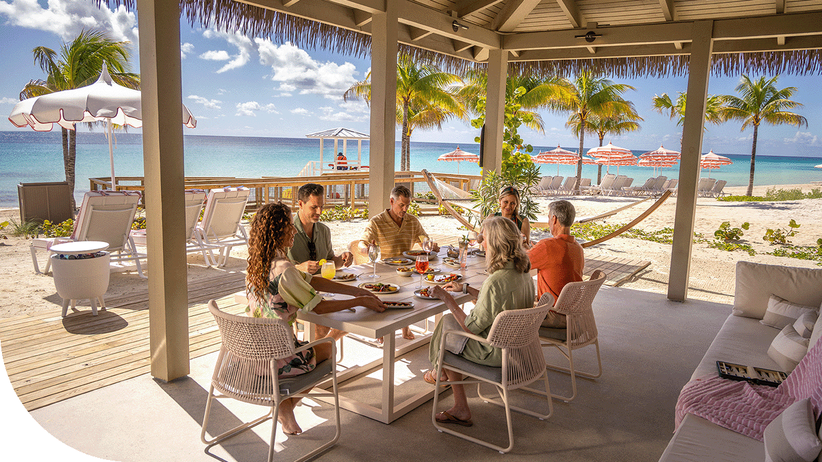 Guests enjoy a cabana at Celebration Key, Grand Bahama